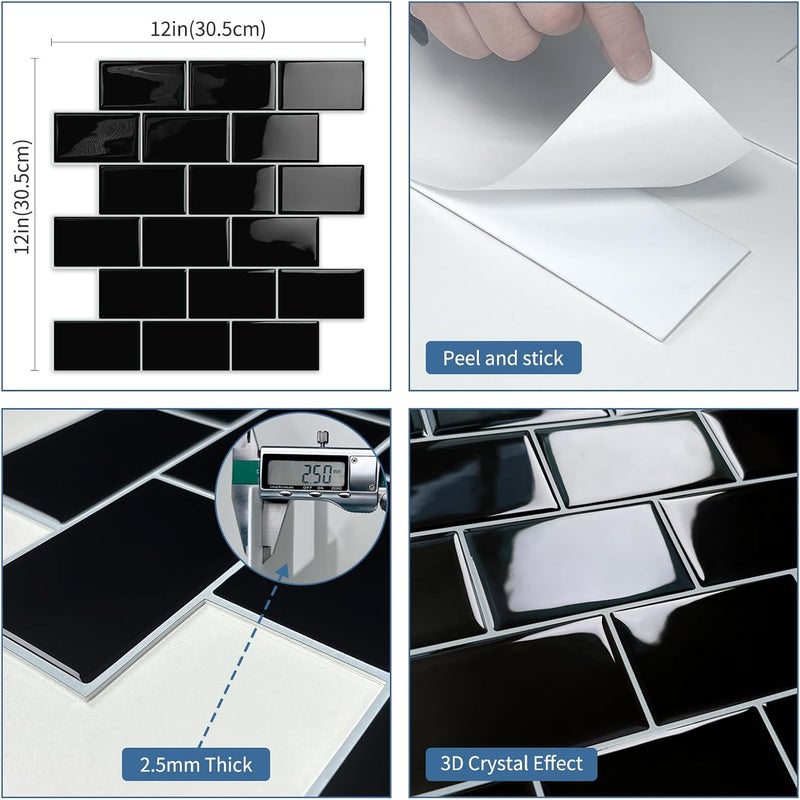 Tiwoos Thick Black Peel and Stick Subway Tile Backsplash Self Adhesive for Kitchen Bathroom Wall (10-Sheet, 12"×12") - Image 5